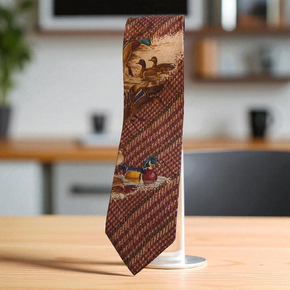 Bill Blass Country Tie Ducks Nature Scene Brown Houndstooth 58"x3.5" Vintage